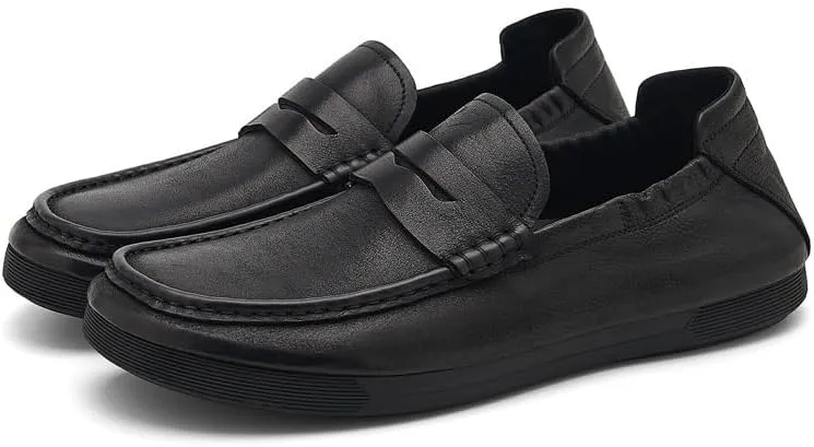 Men's Leather Hand-Sewn Flats Loafers Comfortable Round Toe Low Top Non-Slip Casual Dress Shoes