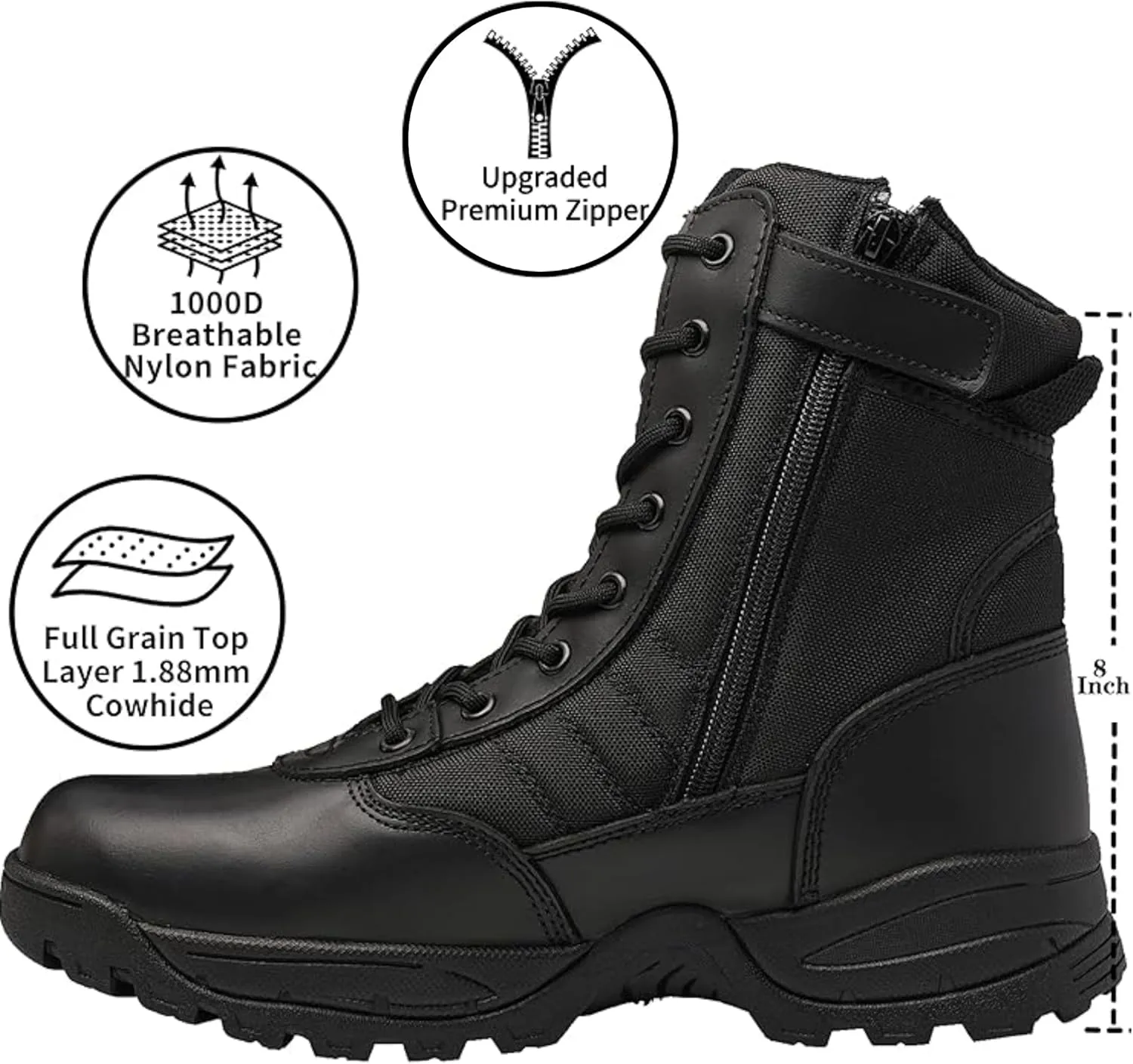 Men's Military Tactical Combat Boots Side Zipper Work Motorcycle Boots 8 inch