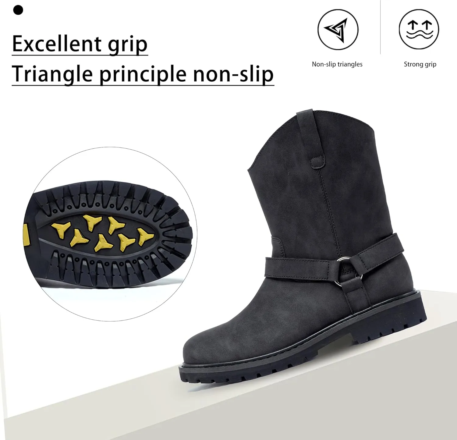 Men's Motorcycle Leather Boots - Black Waterproof Low Heeled Riding, Bicycle, Wide Calf Cowboy, and Hiking Boots