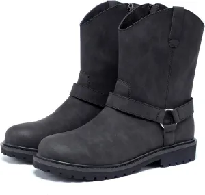 Men's Motorcycle Leather Boots - Black Waterproof Low Heeled Riding, Bicycle, Wide Calf Cowboy, and Hiking Boots