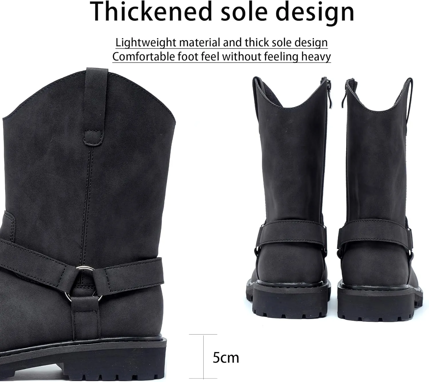 Men's Motorcycle Leather Boots - Black Waterproof Low Heeled Riding, Bicycle, Wide Calf Cowboy, and Hiking Boots