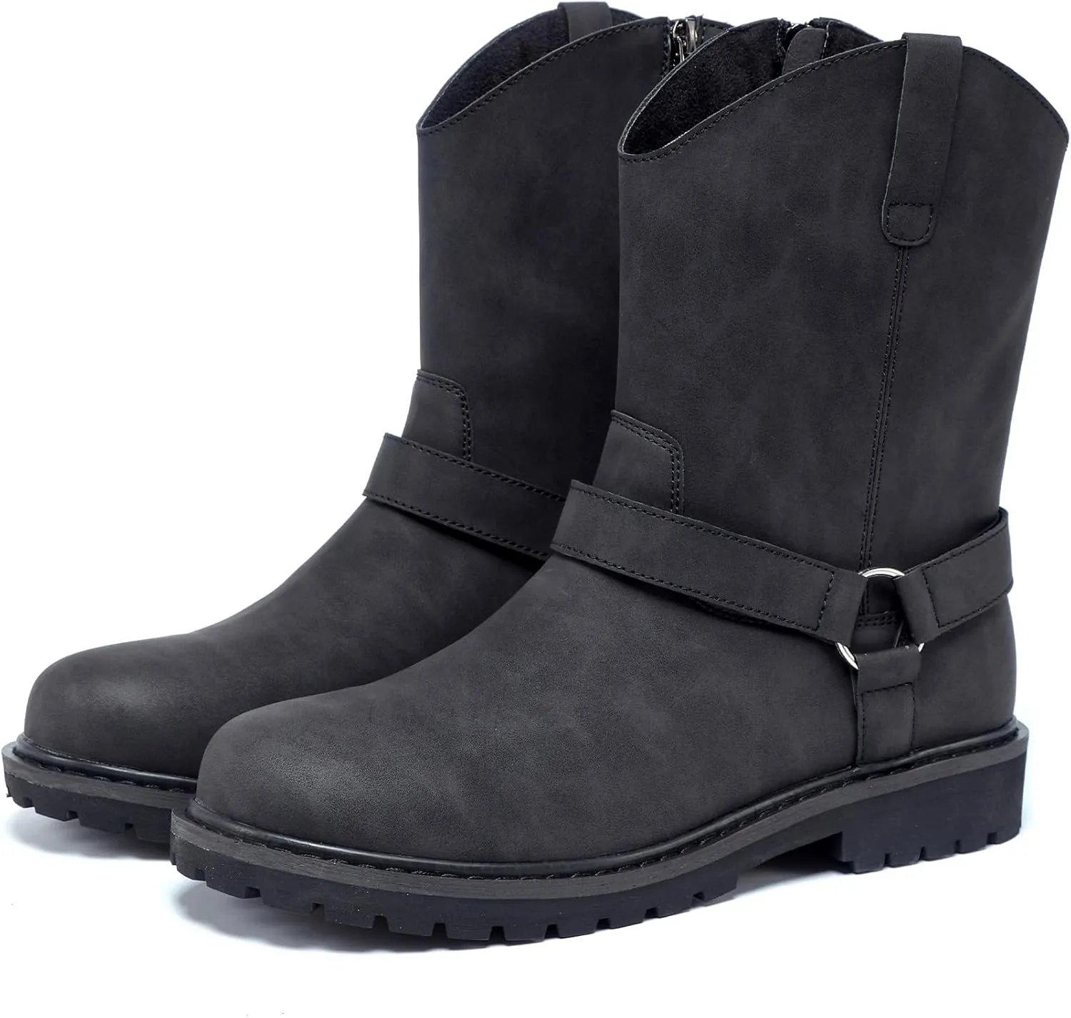 Men's Motorcycle Leather Boots - Black Waterproof Low Heeled Riding, Bicycle, Wide Calf Cowboy, and Hiking Boots