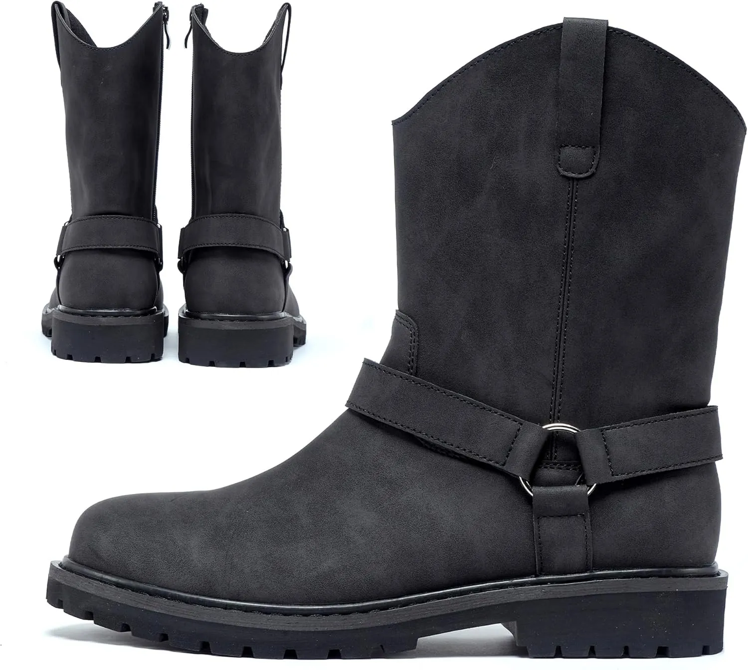 Men's Motorcycle Leather Boots - Black Waterproof Low Heeled Riding, Bicycle, Wide Calf Cowboy, and Hiking Boots