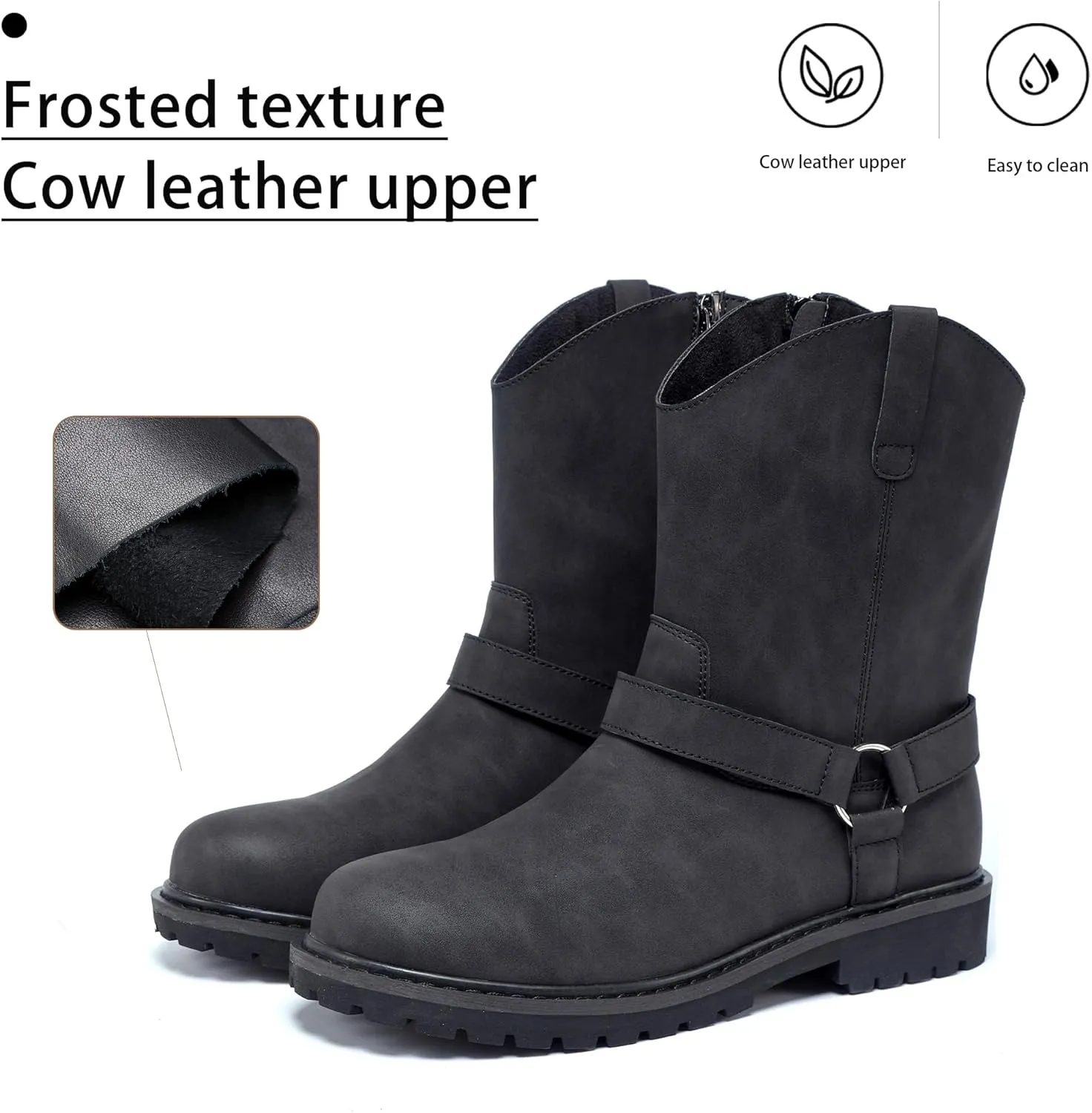 Men's Motorcycle Leather Boots - Black Waterproof Low Heeled Riding, Bicycle, Wide Calf Cowboy, and Hiking Boots