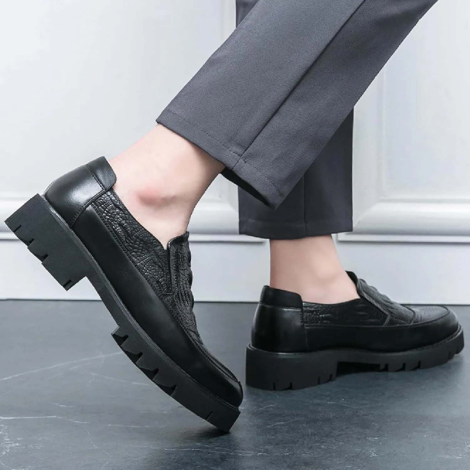 Men's Printed Leather Platform Loafers Comfortable Pointed Toe Slip On Lug Sole Business Oxfords for Party Wedding Office Dress Shoes