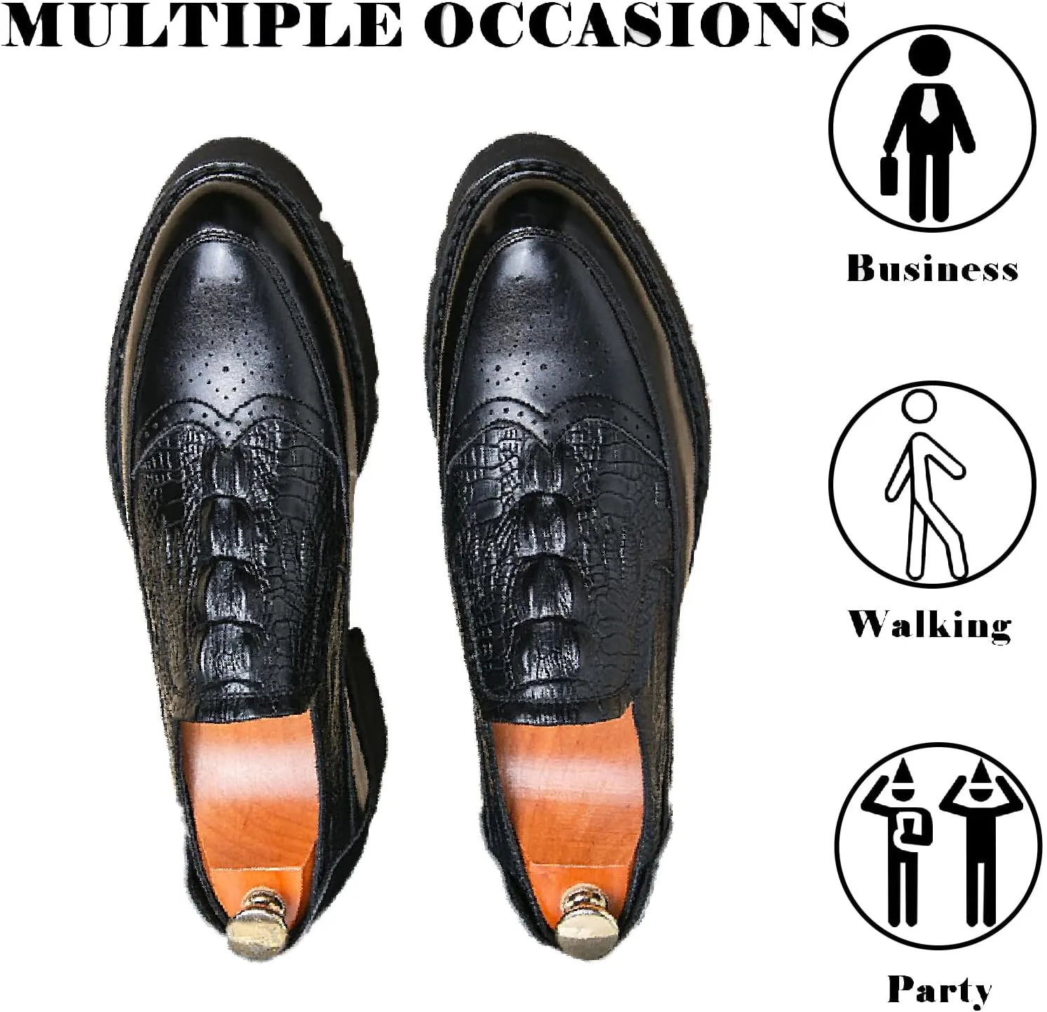 Men's Printed Leather Platform Loafers Comfortable Pointed Toe Slip On Lug Sole Business Oxfords for Party Wedding Office Dress Shoes