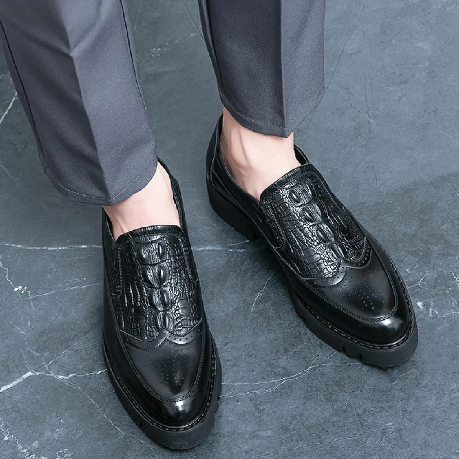 Men's Printed Leather Platform Loafers Comfortable Pointed Toe Slip On Lug Sole Business Oxfords for Party Wedding Office Dress Shoes