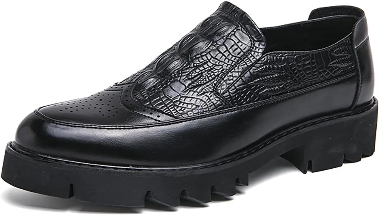 Men's Printed Leather Platform Loafers Comfortable Pointed Toe Slip On Lug Sole Business Oxfords for Party Wedding Office Dress Shoes