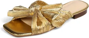 MICIFA Women's Bow Flat Sandals Open Toe Summer Comfort Slip on Slide Sandals Bridal Wedding Dress Shoes