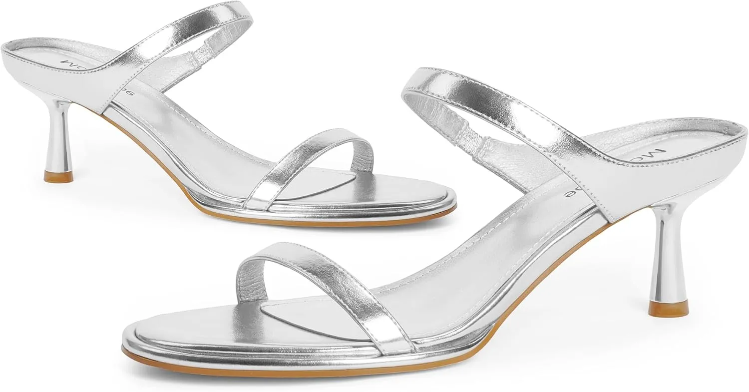 Modatope Two Strap Heeled Sandals for Women Kitten Heel Rounded Toe Heels Women Slip on Open Toe Sandals