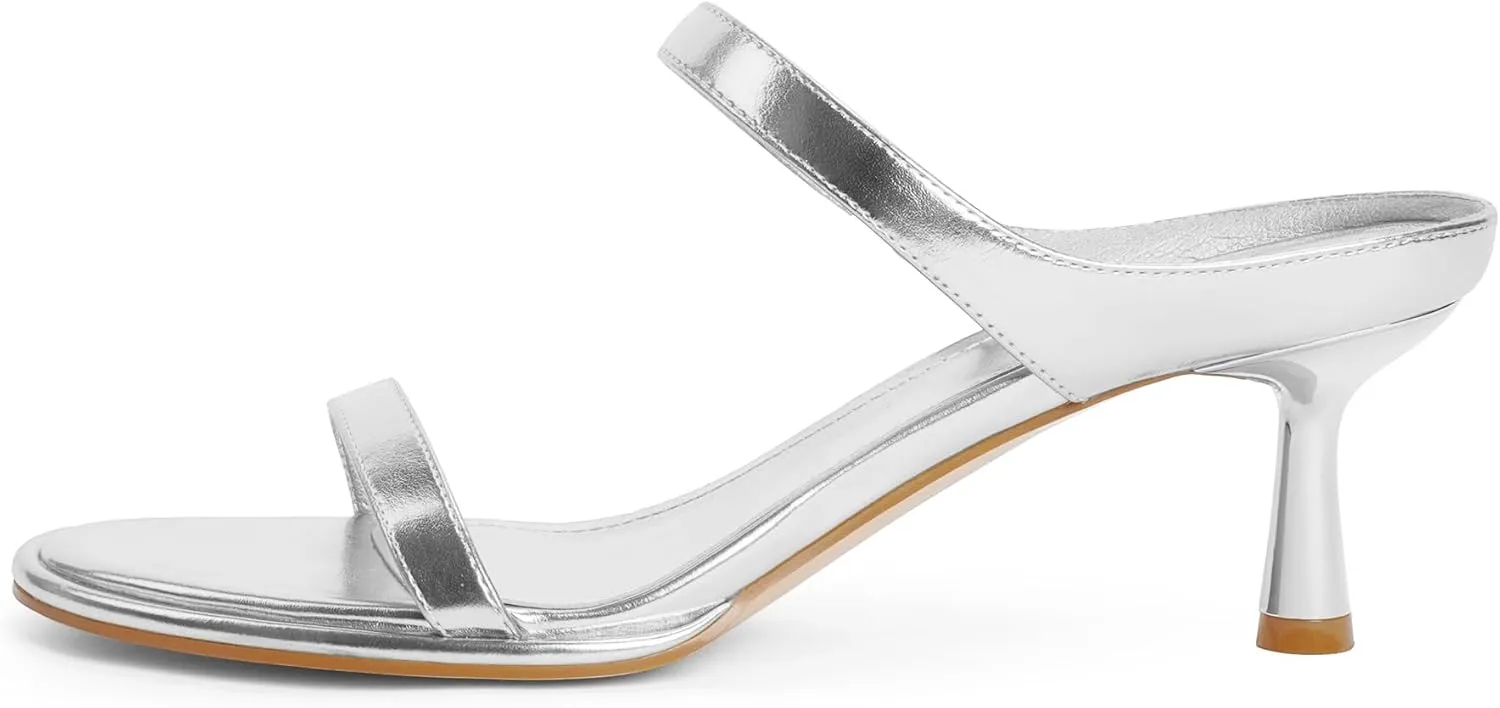 Modatope Two Strap Heeled Sandals for Women Kitten Heel Rounded Toe Heels Women Slip on Open Toe Sandals