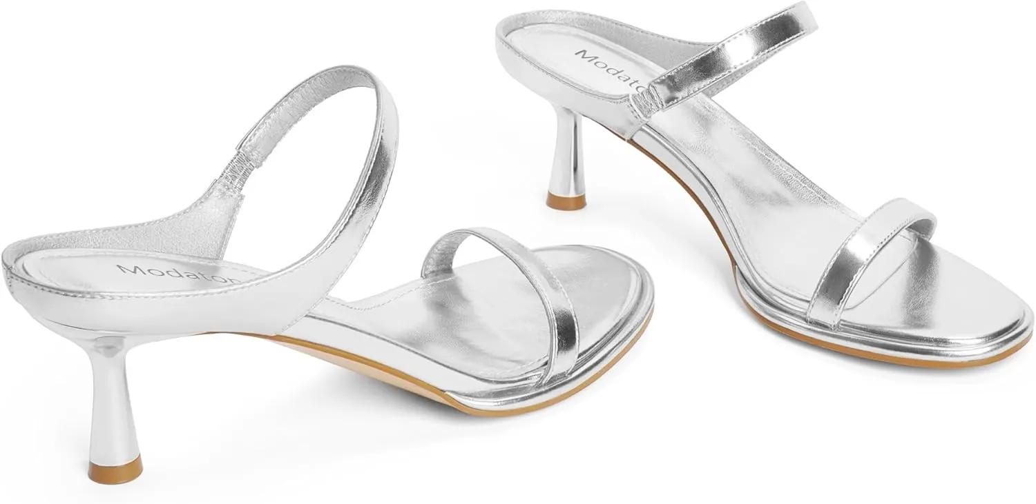 Modatope Two Strap Heeled Sandals for Women Kitten Heel Rounded Toe Heels Women Slip on Open Toe Sandals