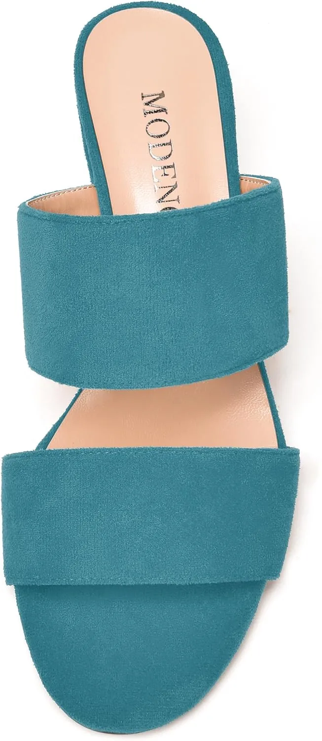 MODENCOCO Womens Casual Two Strap Slip On Suede Round Toe Party Wedge Low Heel Heeled Sandals 2 Inch