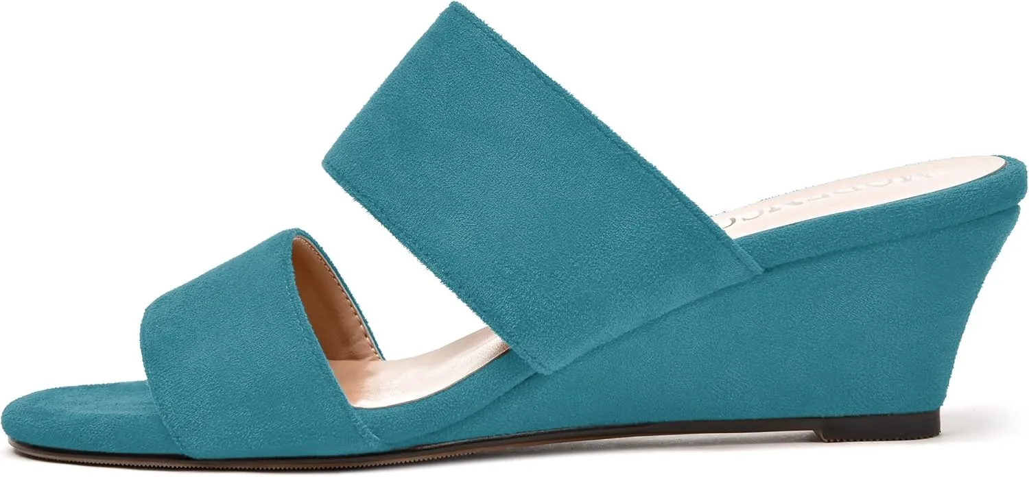 MODENCOCO Womens Casual Two Strap Slip On Suede Round Toe Party Wedge Low Heel Heeled Sandals 2 Inch