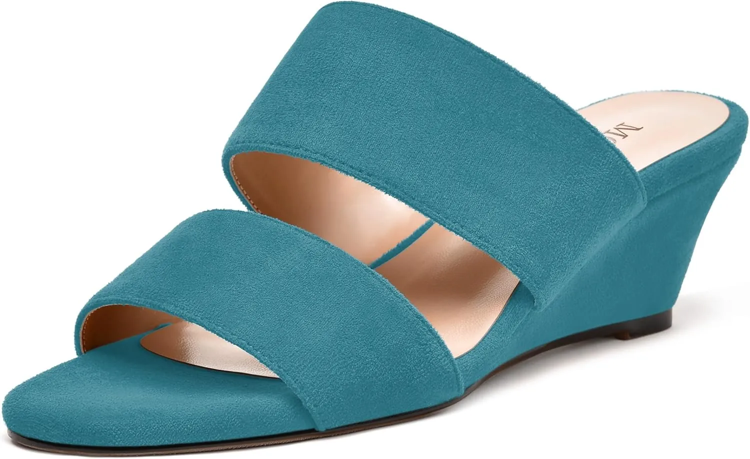 MODENCOCO Womens Casual Two Strap Slip On Suede Round Toe Party Wedge Low Heel Heeled Sandals 2 Inch