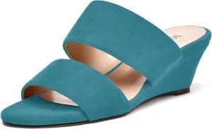 MODENCOCO Womens Casual Two Strap Slip On Suede Round Toe Party Wedge Low Heel Heeled Sandals 2 Inch