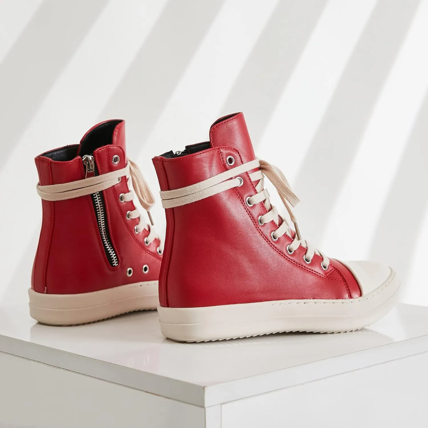 MOFEEDOUKA Womens High Top Sneakers Lace Up Comfort Platform Walking Canvas Shoes with Zipper