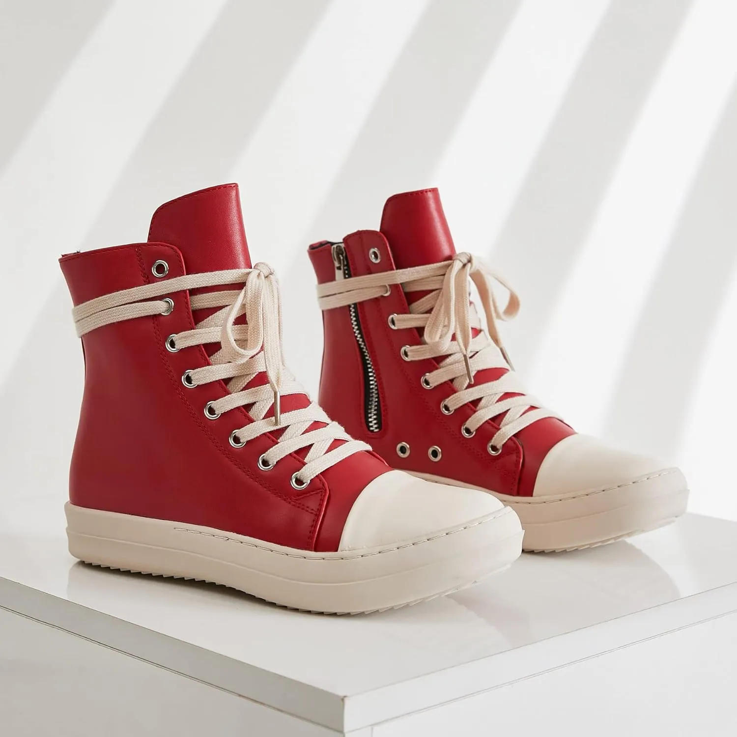 MOFEEDOUKA Womens High Top Sneakers Lace Up Comfort Platform Walking Canvas Shoes with Zipper