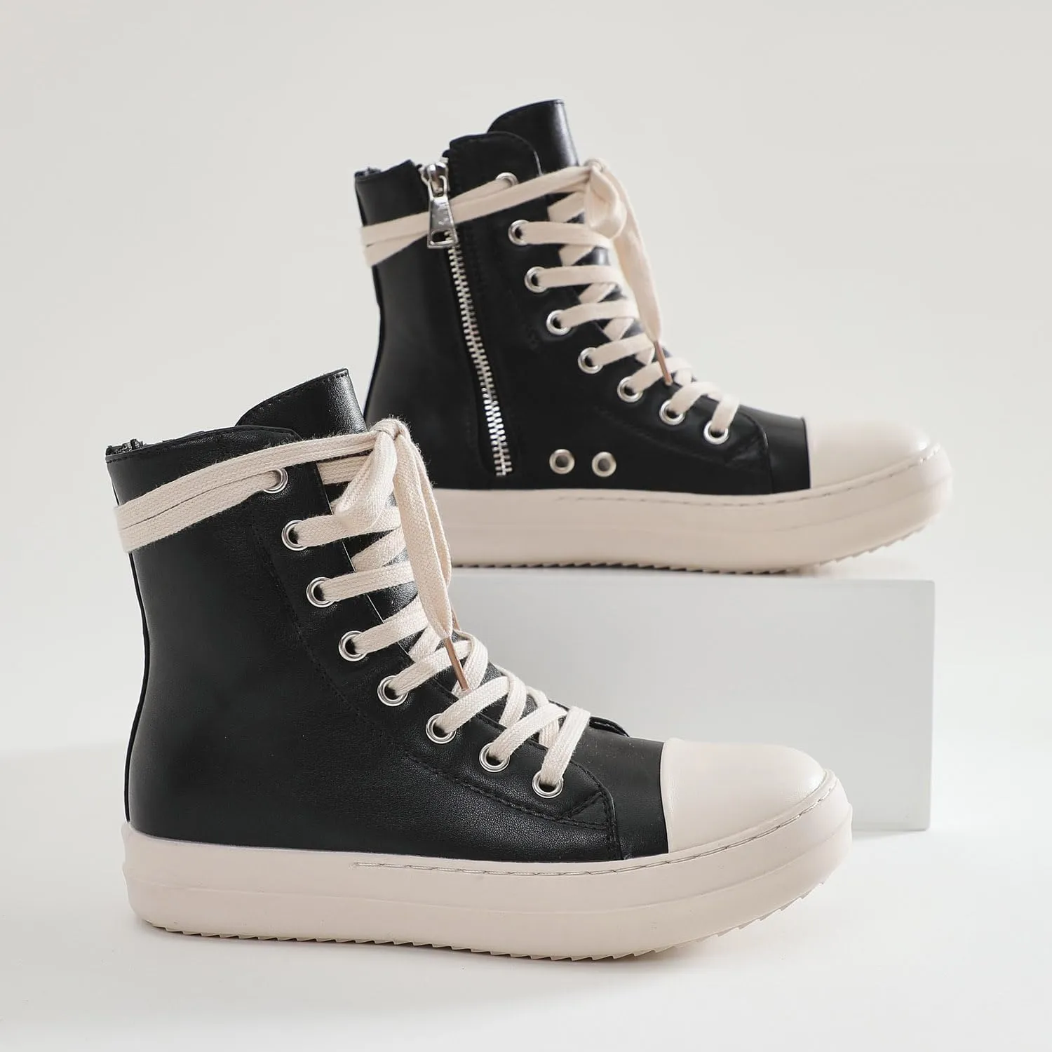 MOFEEDOUKA Womens High Top Sneakers Lace Up Comfort Platform Walking Canvas Shoes with Zipper