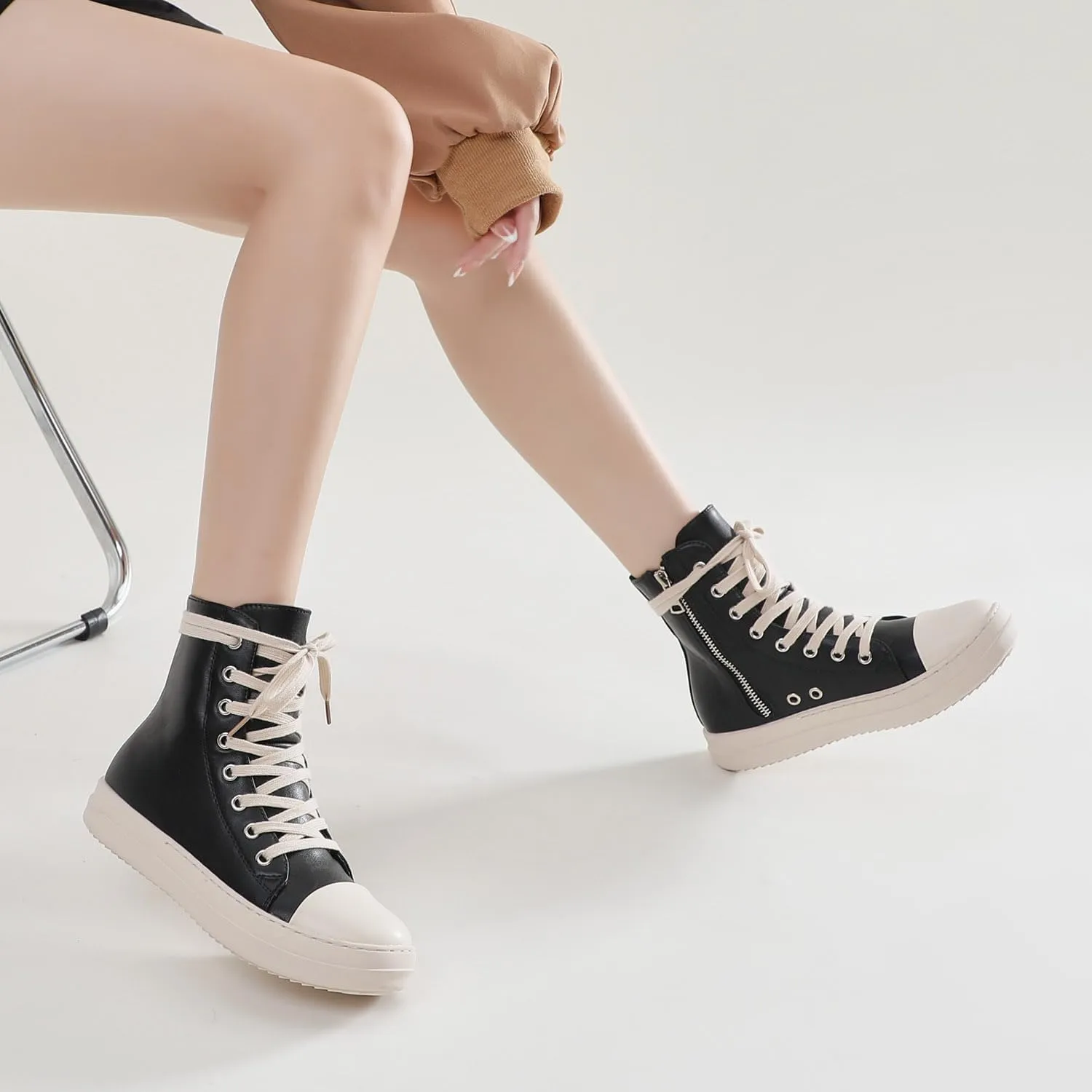 MOFEEDOUKA Womens High Top Sneakers Lace Up Comfort Platform Walking Canvas Shoes with Zipper