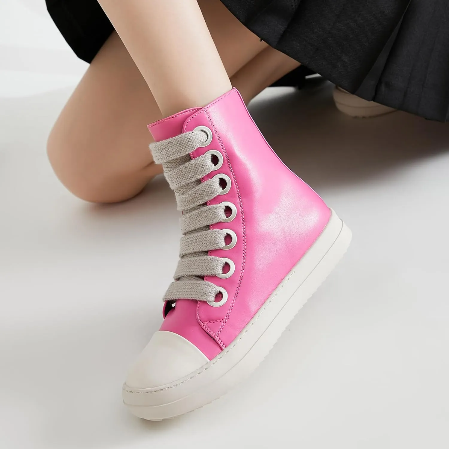 MOFEEDOUKA Womens High Top Sneakers Thick Shoe Laces PU Leather Comfort Platform Walking Shoes with Zipper