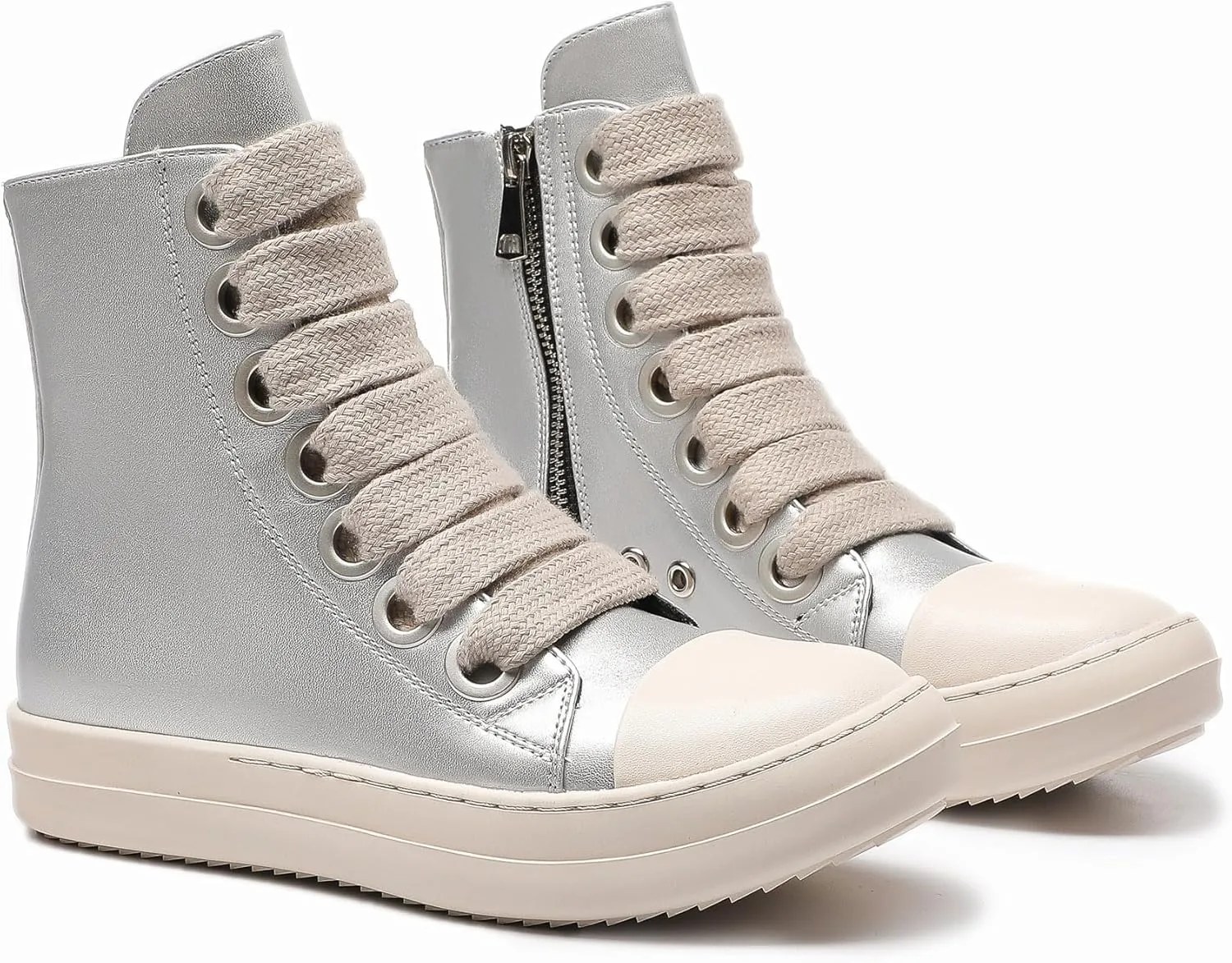 MOFEEDOUKA Womens High Top Sneakers Thick Shoe Laces PU Leather Comfort Platform Walking Shoes with Zipper
