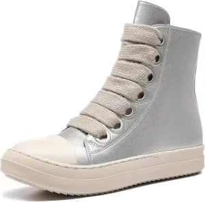 MOFEEDOUKA Womens High Top Sneakers Thick Shoe Laces PU Leather Comfort Platform Walking Shoes with Zipper