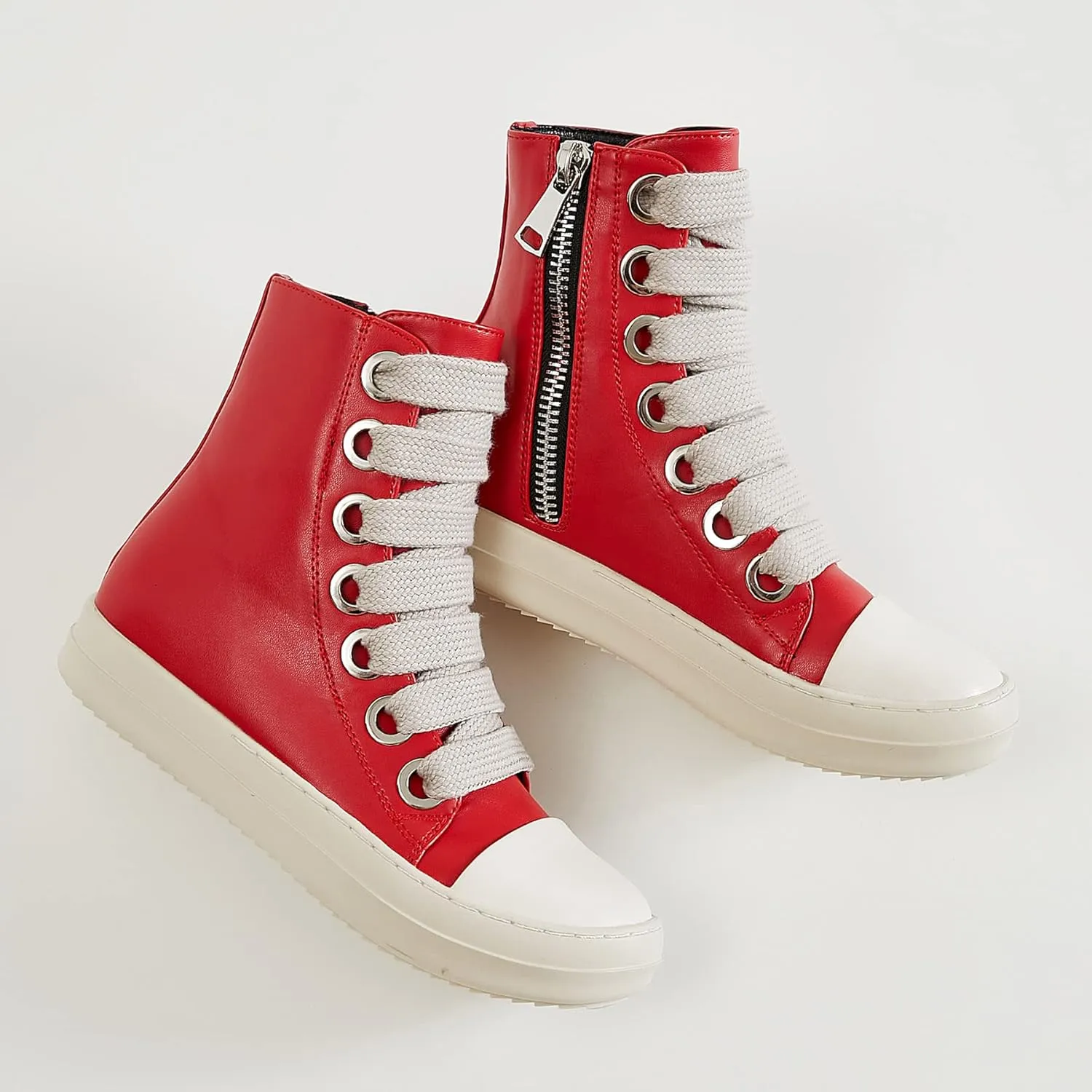 MOFEEDOUKA Womens High Top Sneakers Thick Shoe Laces PU Leather Comfort Platform Walking Shoes with Zipper