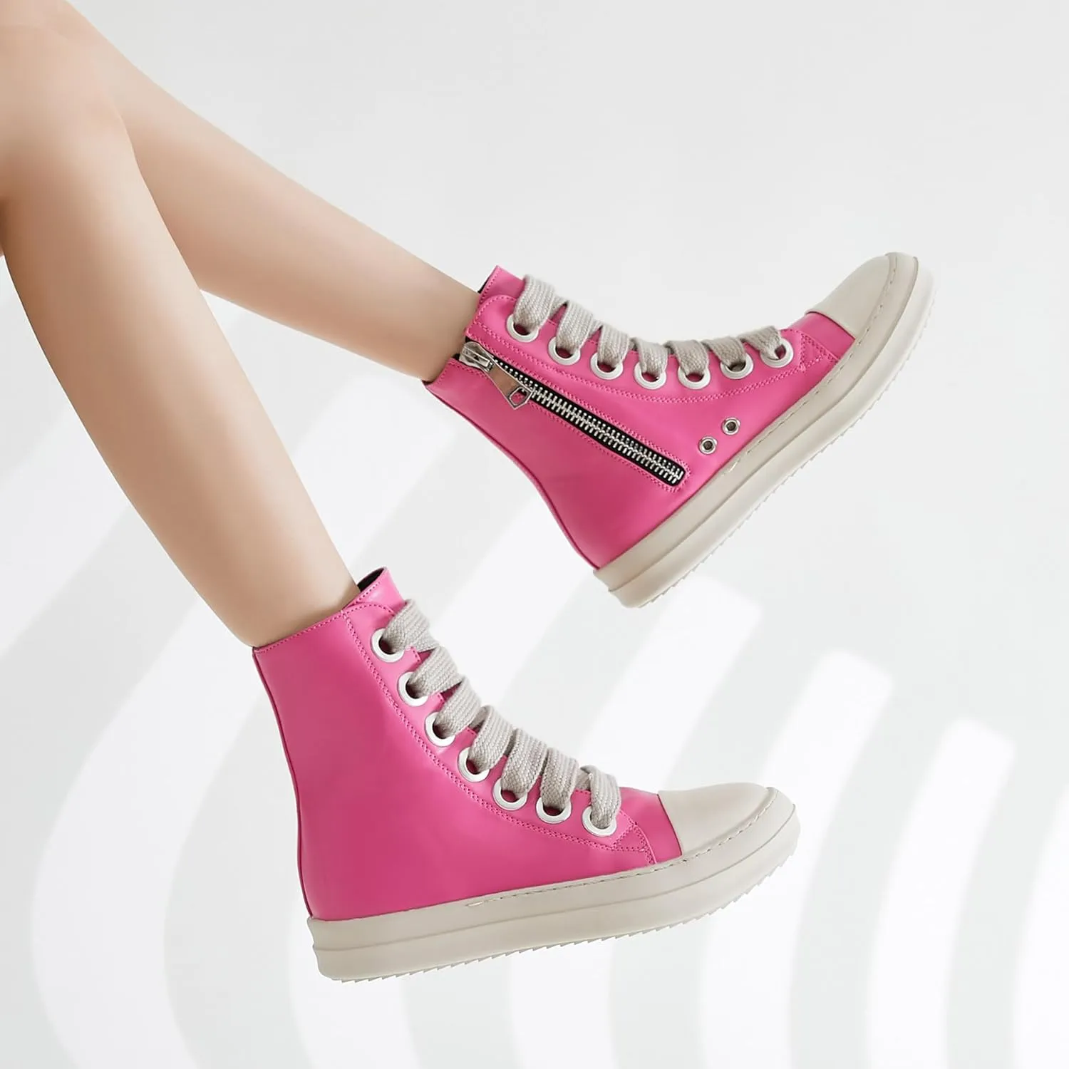 MOFEEDOUKA Womens High Top Sneakers Thick Shoe Laces PU Leather Comfort Platform Walking Shoes with Zipper