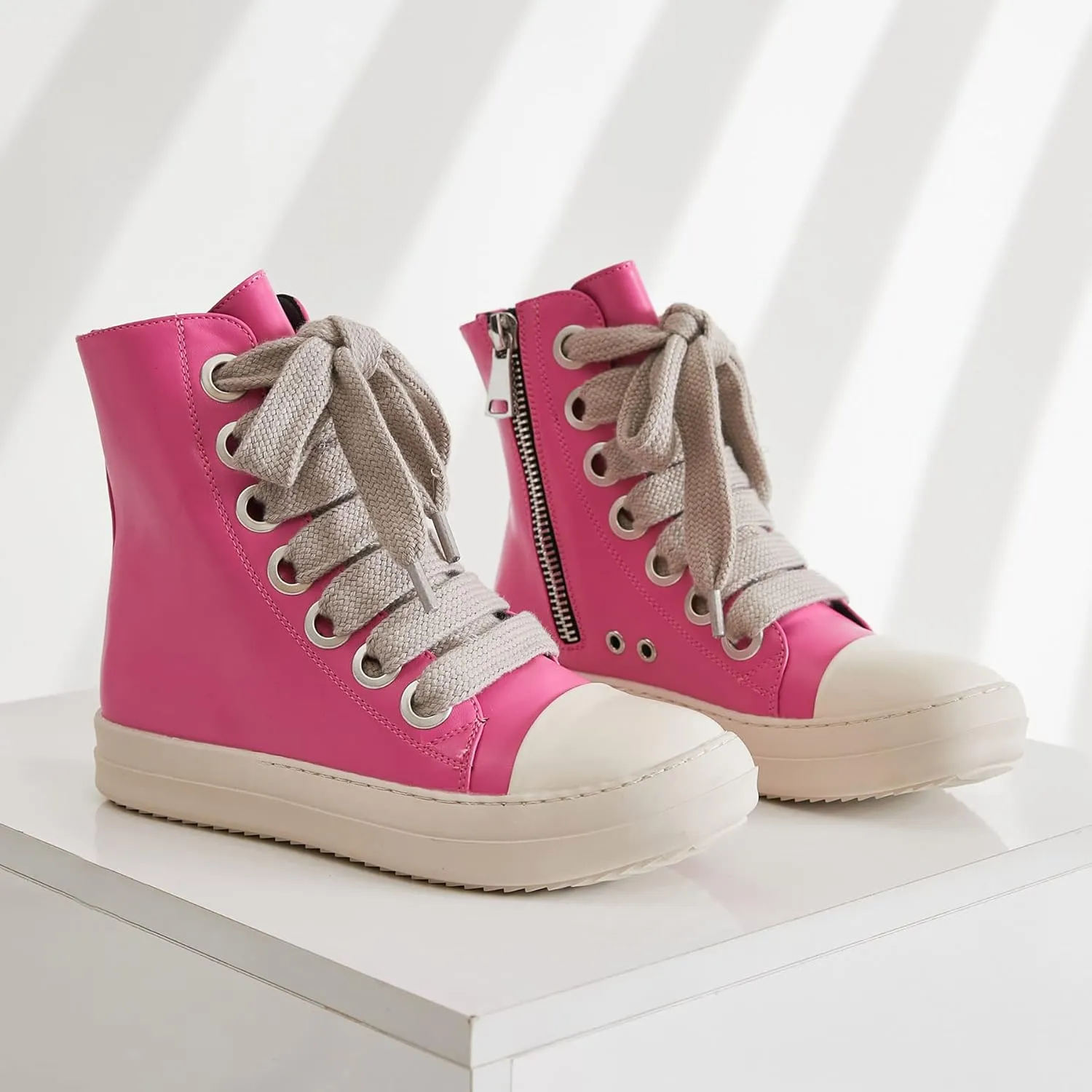 MOFEEDOUKA Womens High Top Sneakers Thick Shoe Laces PU Leather Comfort Platform Walking Shoes with Zipper