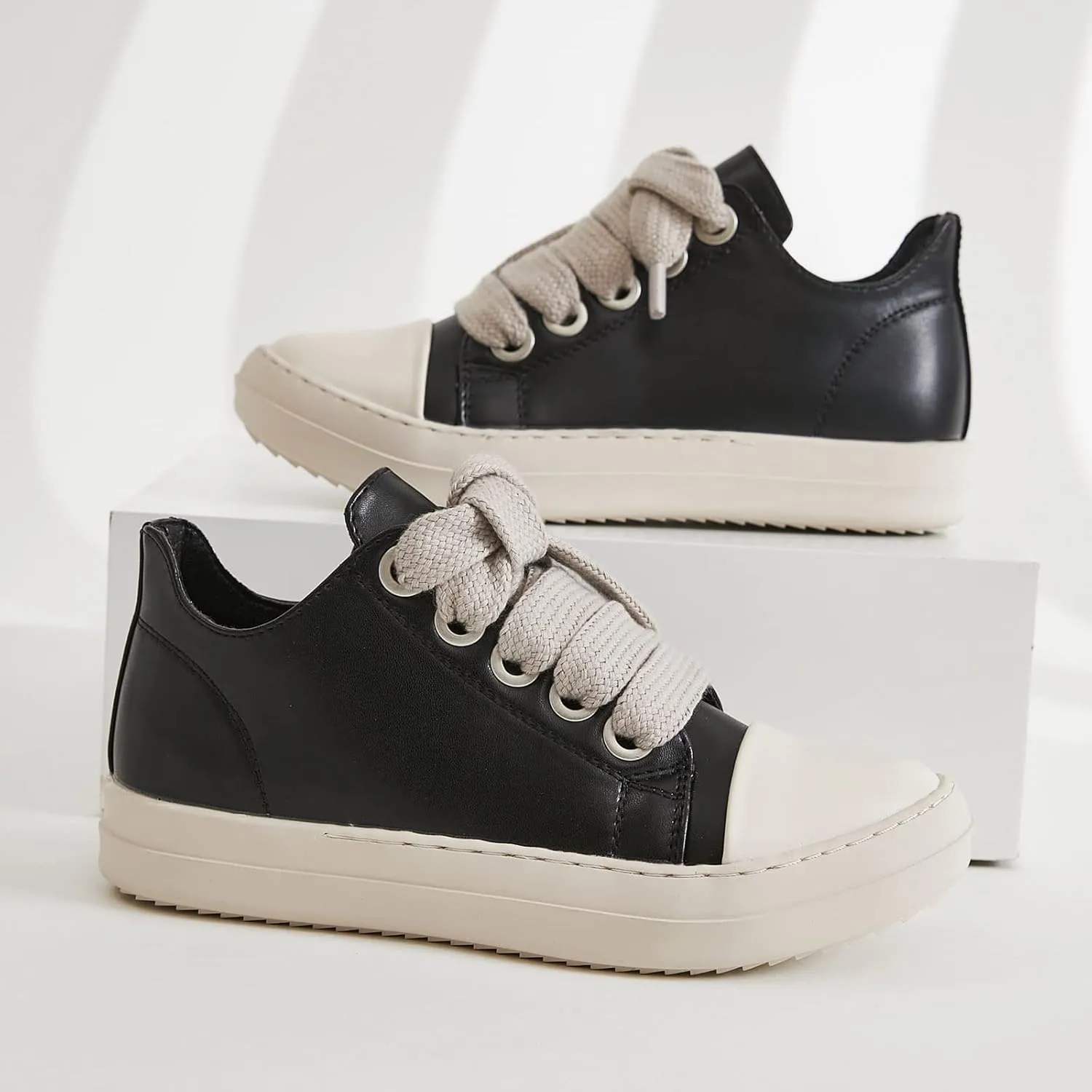 MOFEEDOUKA Womens Low Top Sneakers Thick Shoe Laces PU Leather Platform Comfort Walking Shoes