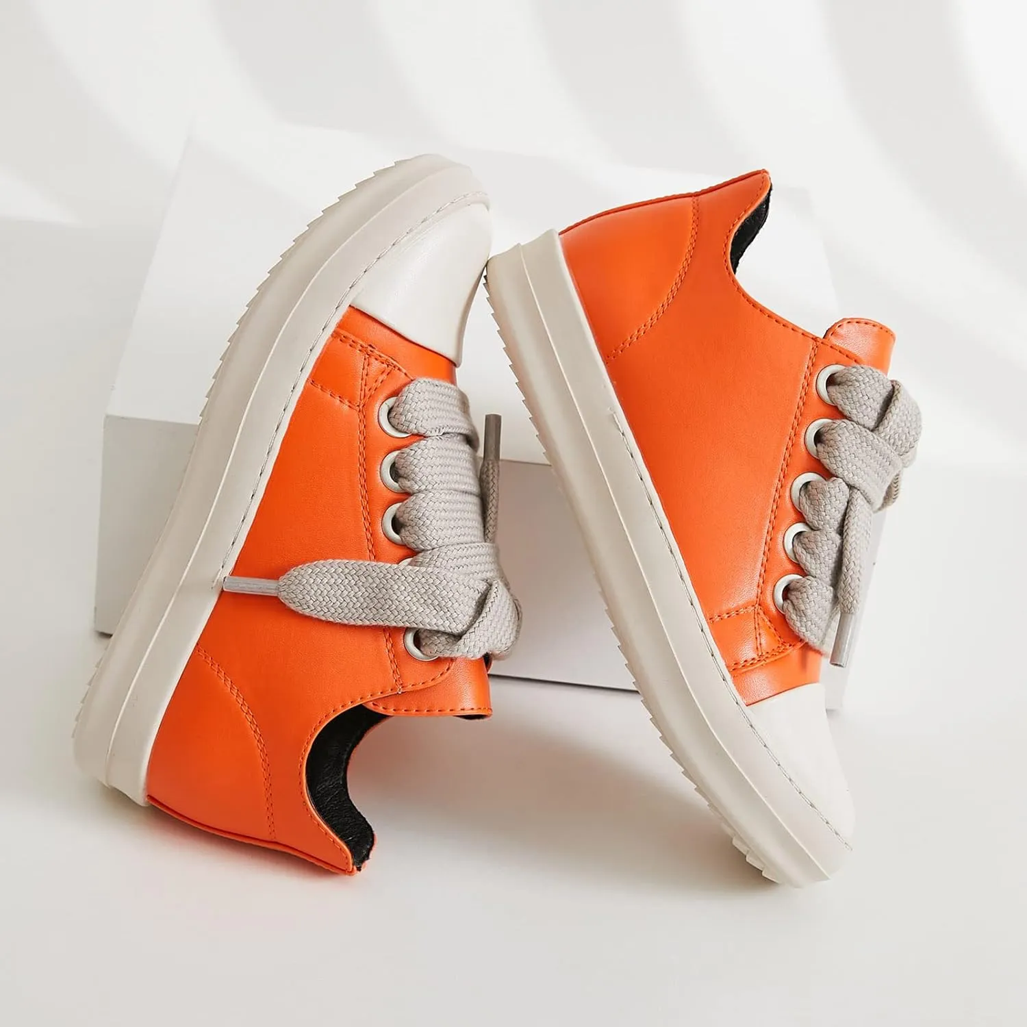 MOFEEDOUKA Womens Low Top Sneakers Thick Shoe Laces PU Leather Platform Comfort Walking Shoes