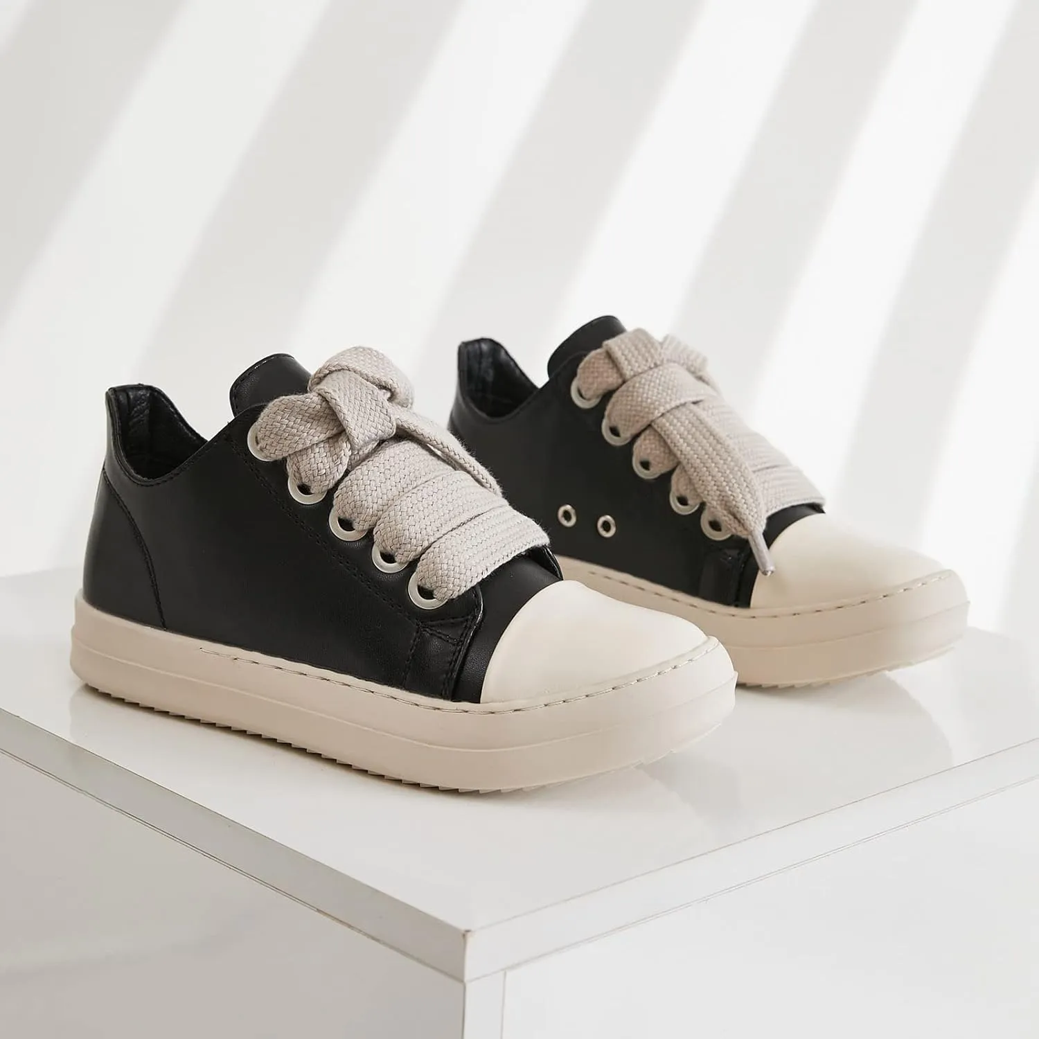 MOFEEDOUKA Womens Low Top Sneakers Thick Shoe Laces PU Leather Platform Comfort Walking Shoes