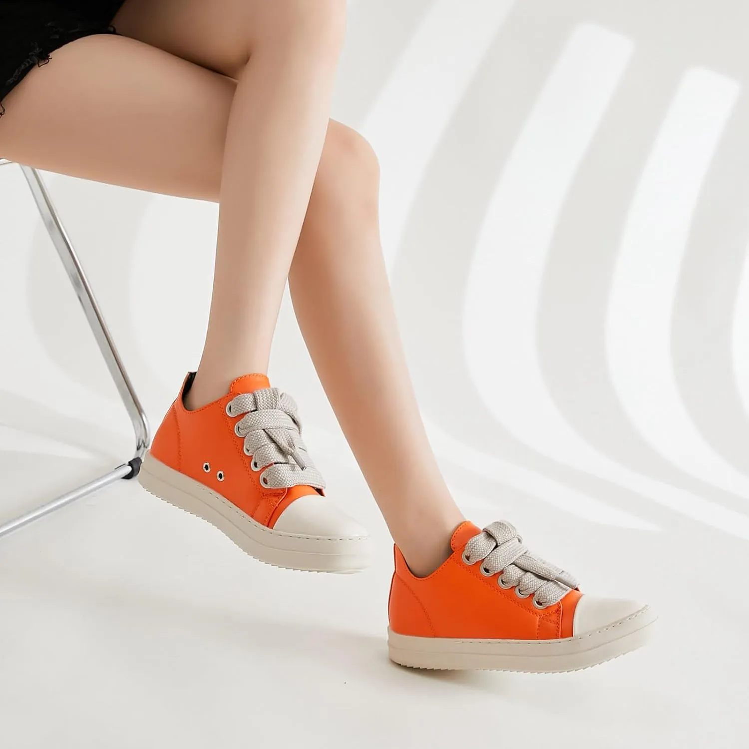 MOFEEDOUKA Womens Low Top Sneakers Thick Shoe Laces PU Leather Platform Comfort Walking Shoes