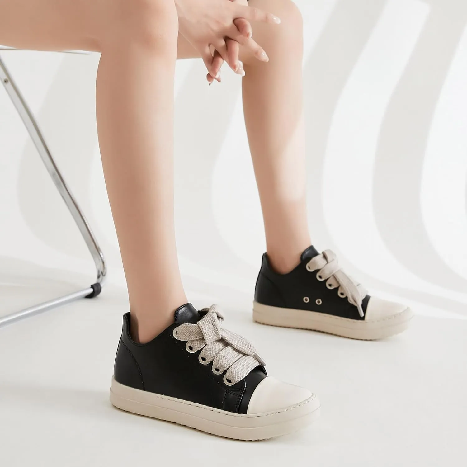 MOFEEDOUKA Womens Low Top Sneakers Thick Shoe Laces PU Leather Platform Comfort Walking Shoes