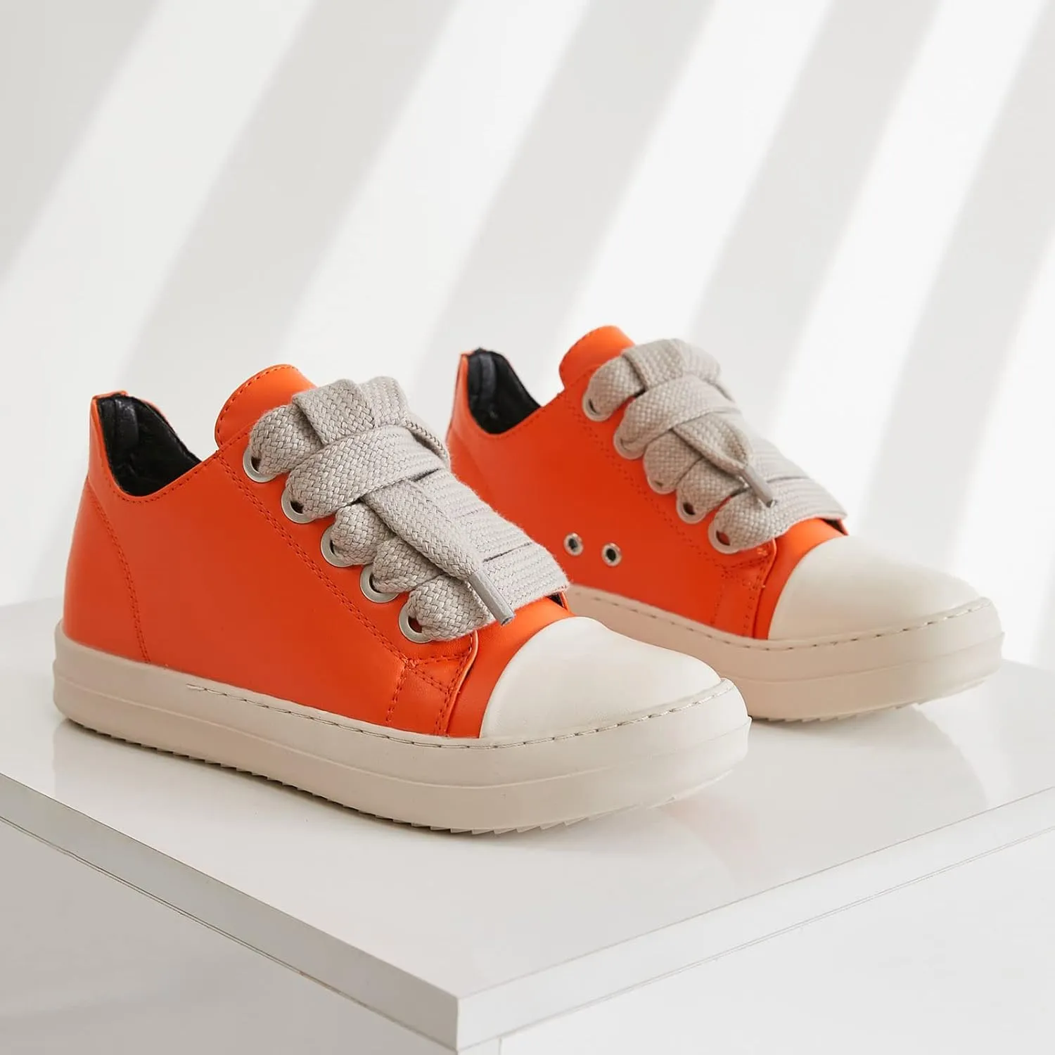 MOFEEDOUKA Womens Low Top Sneakers Thick Shoe Laces PU Leather Platform Comfort Walking Shoes