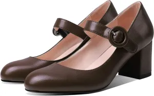 MOOMMO Women Classic Mary Jane Heels Pumps Shoes Ankle Strap Closed Round Toe Dress Sandals Chunky Block Heels Comfort Wedding Party Evening Pump Mid Heel Basic Office Work Shoes Elegant 4-11 M US