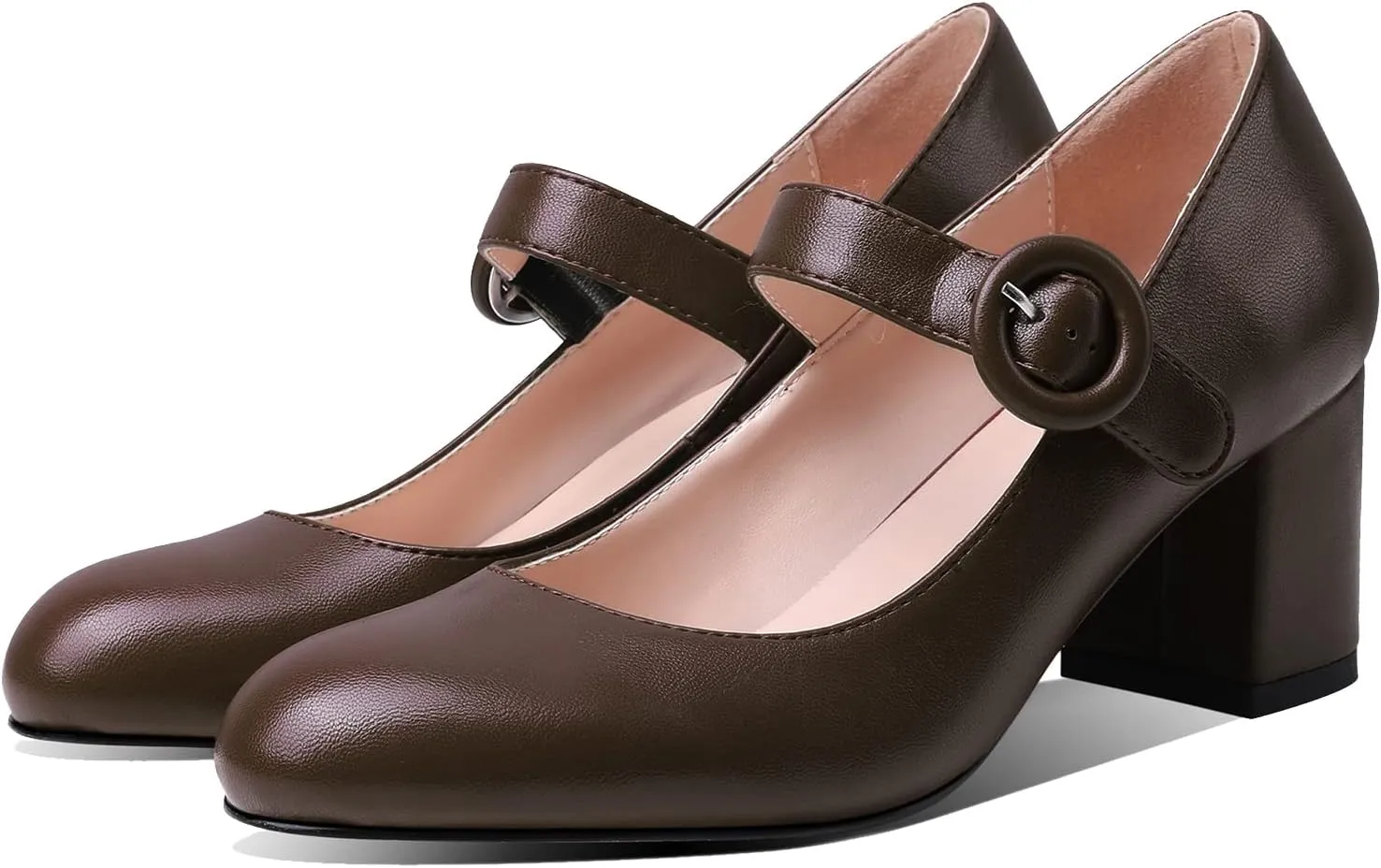 MOOMMO Women Classic Mary Jane Heels Pumps Shoes Ankle Strap Closed Round Toe Dress Sandals Chunky Block Heels Comfort Wedding Party Evening Pump Mid Heel Basic Office Work Shoes Elegant 4-11 M US