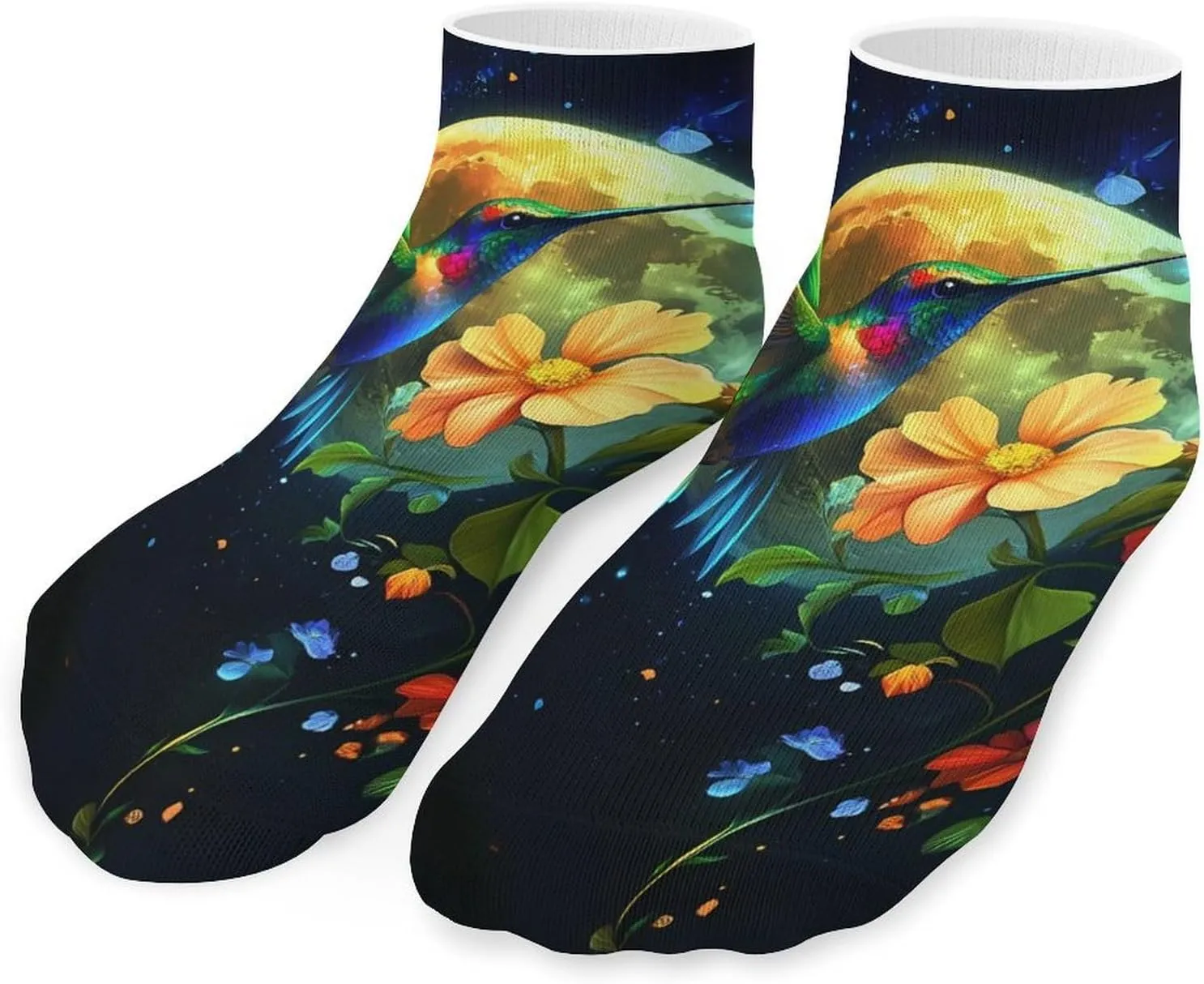 Moonlit Hummingbird Floral Low Cut Ankle Socks Casual Liner Sock Pack Non Slip Invisible For Men Women