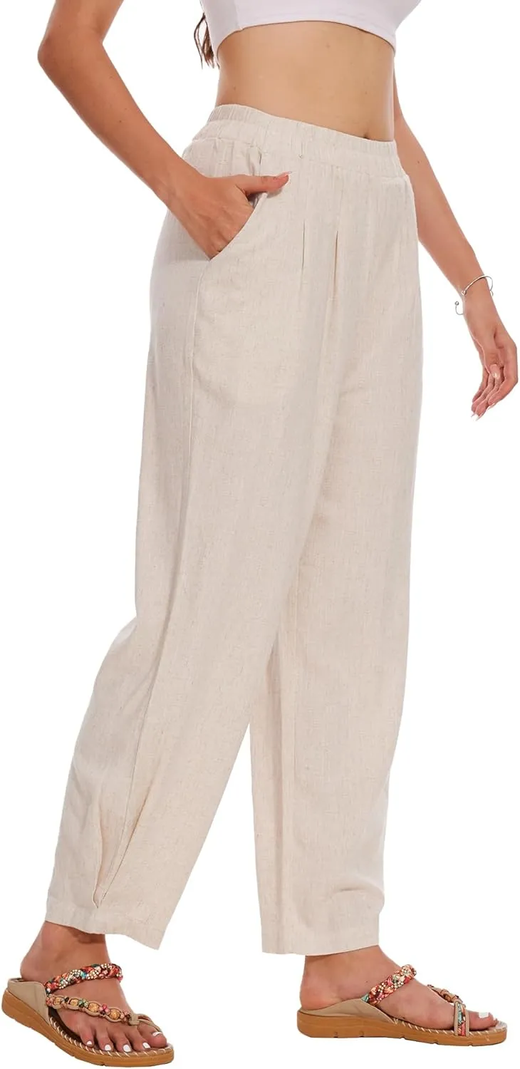 Moss Rose Women's Linen Pants High Waisted Straight Palazzo Casual Trousers with Pockets