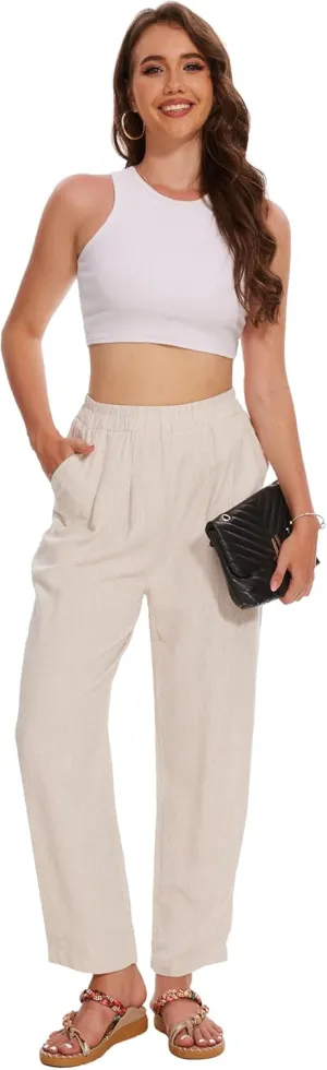 Moss Rose Women's Linen Pants High Waisted Straight Palazzo Casual Trousers with Pockets