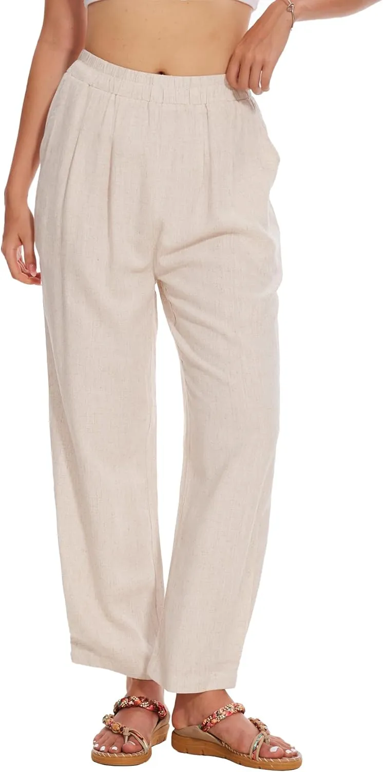 Moss Rose Women's Linen Pants High Waisted Straight Palazzo Casual Trousers with Pockets