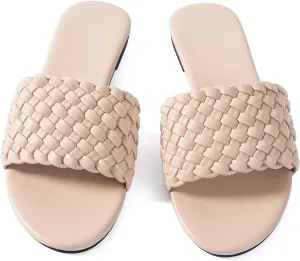 Mtzyoa Women Flat Sandals Braided Leather Nude Summer Dressy Fashion Evening Party Wedding Sandals