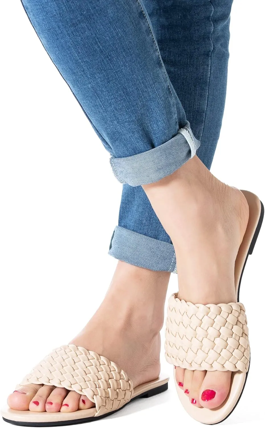 Mtzyoa Women Flat Sandals Braided Leather Nude Summer Dressy Fashion Evening Party Wedding Sandals