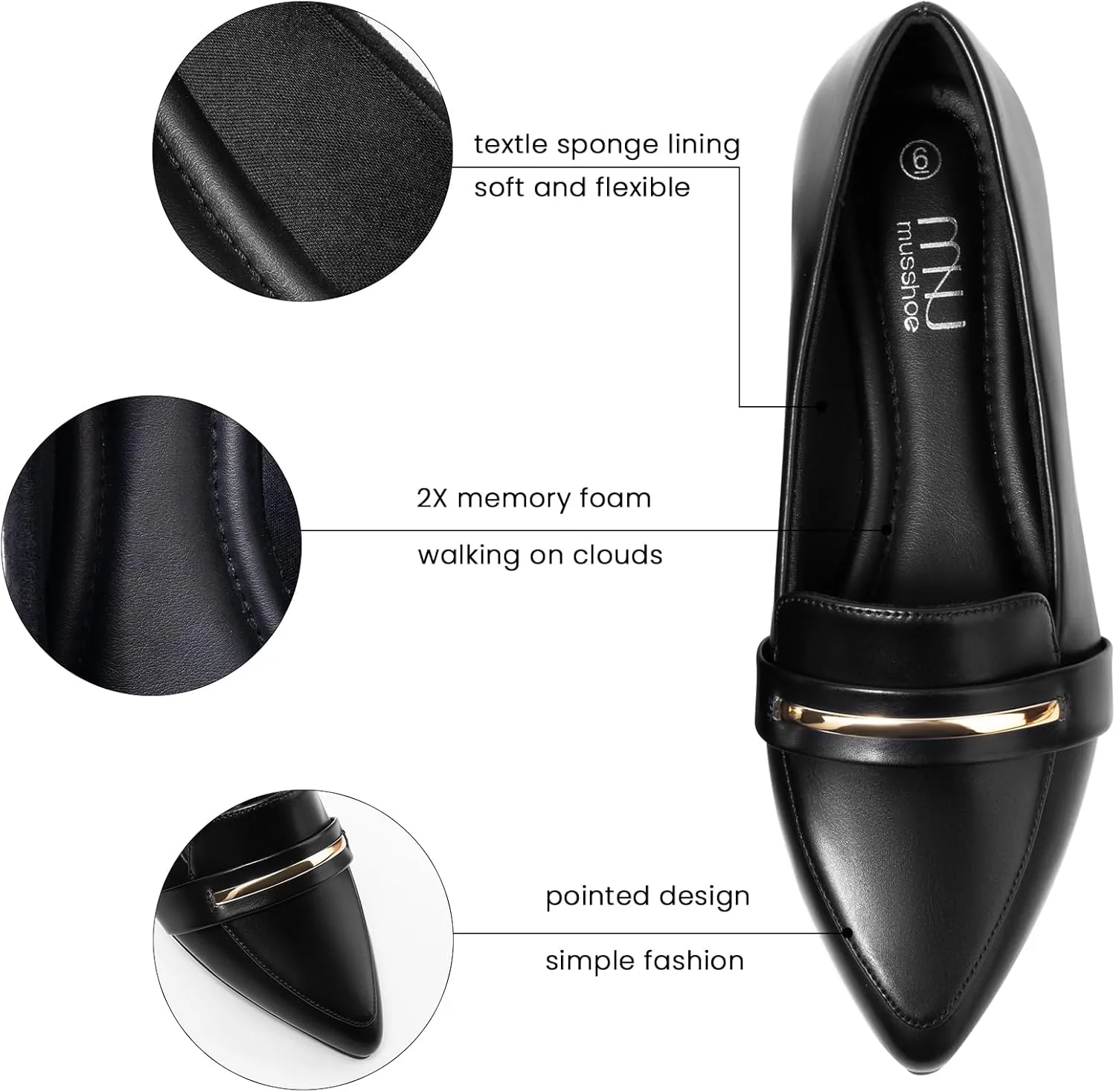 MUSSHOE Flats Shoes Women Pointed Toe Womens Flats Loafers