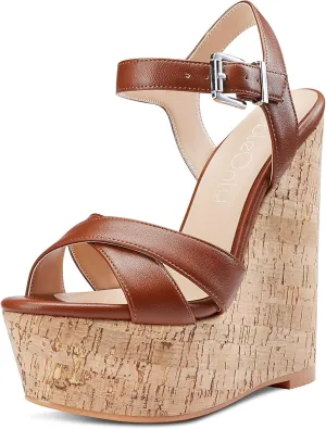 NobleOnly Women's Wedge High Heels Platform Ankle Strap Sandals Open Toe Slingback Basic Office Sandal 6" Heel Shoes