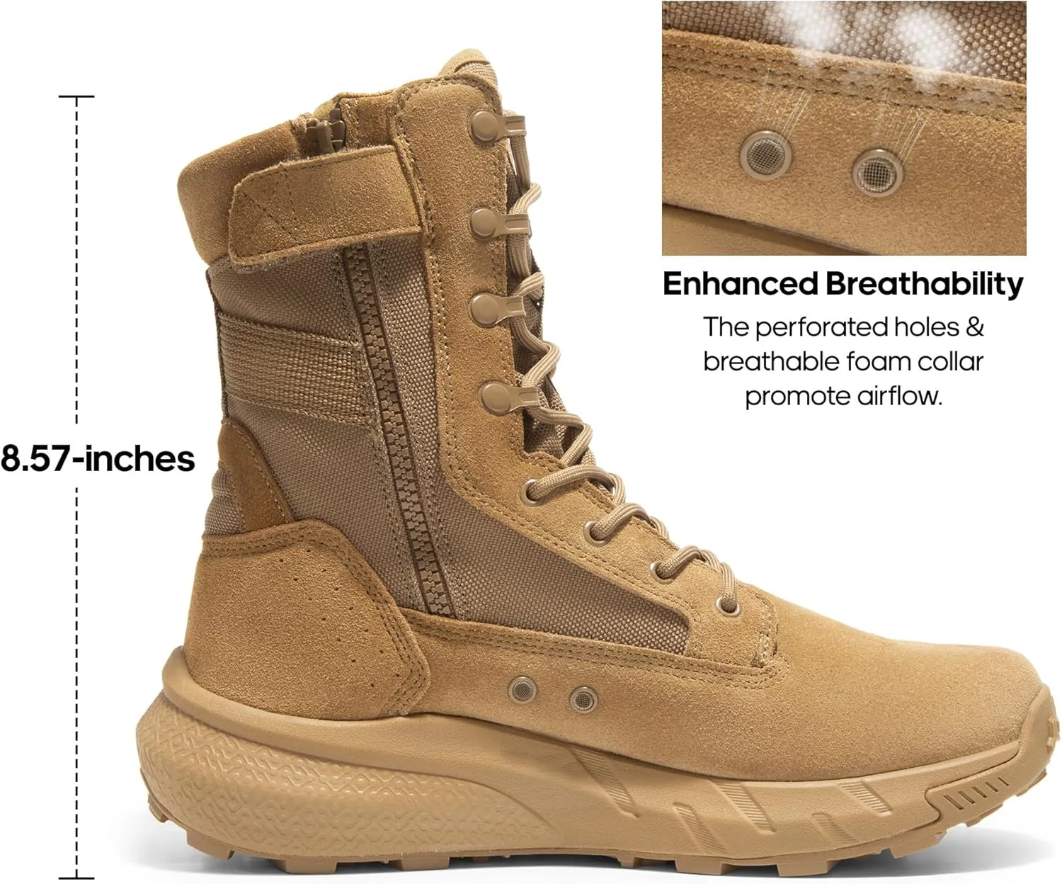 NORTIV 8 Men's Breathable Tactical Military Work Boots Side Zipper Leather Lightweight Hiking Motorcycle Combat Boots 8 Inches Recon