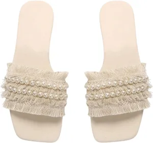 OYOANGLE Women's Fringe Trim Pearl Flat Sandals Square Open Toe Slip On Elegant Sandals