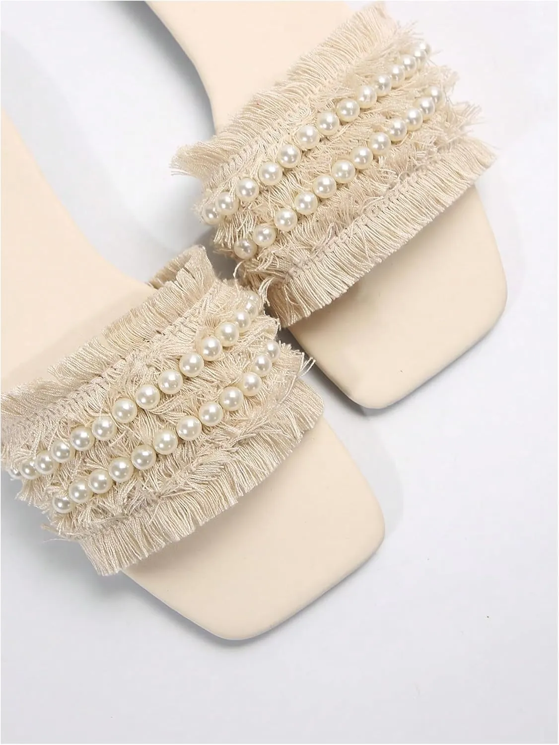 OYOANGLE Women's Fringe Trim Pearl Flat Sandals Square Open Toe Slip On Elegant Sandals