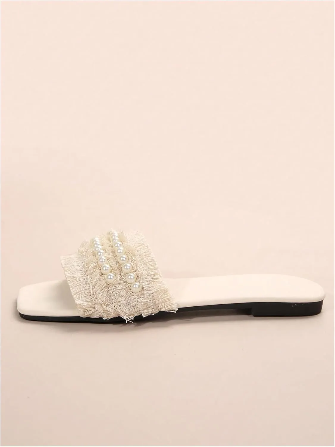 OYOANGLE Women's Fringe Trim Pearl Flat Sandals Square Open Toe Slip On Elegant Sandals